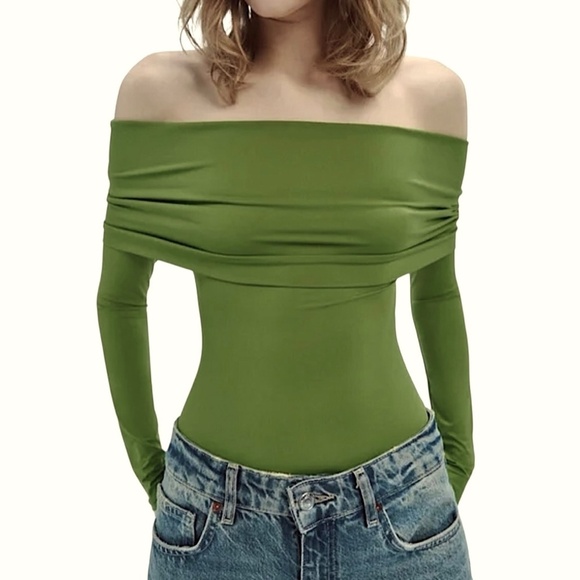ZARA Bodysuit Long Sleeve Foldover Top Bright Olive Green Silky Smooth Stretch - Picture 1 of 15